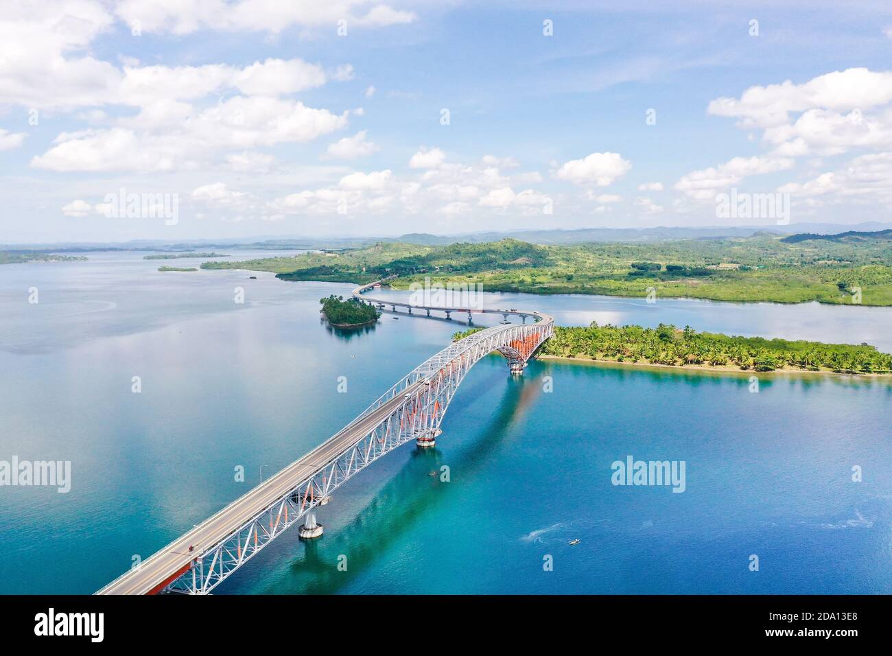 Panoramic of San Juanico Bridge, the longest bridge in the Philippines. Road bridge between the islands, top view. Summer and travel vacation concept. Stock Photo
