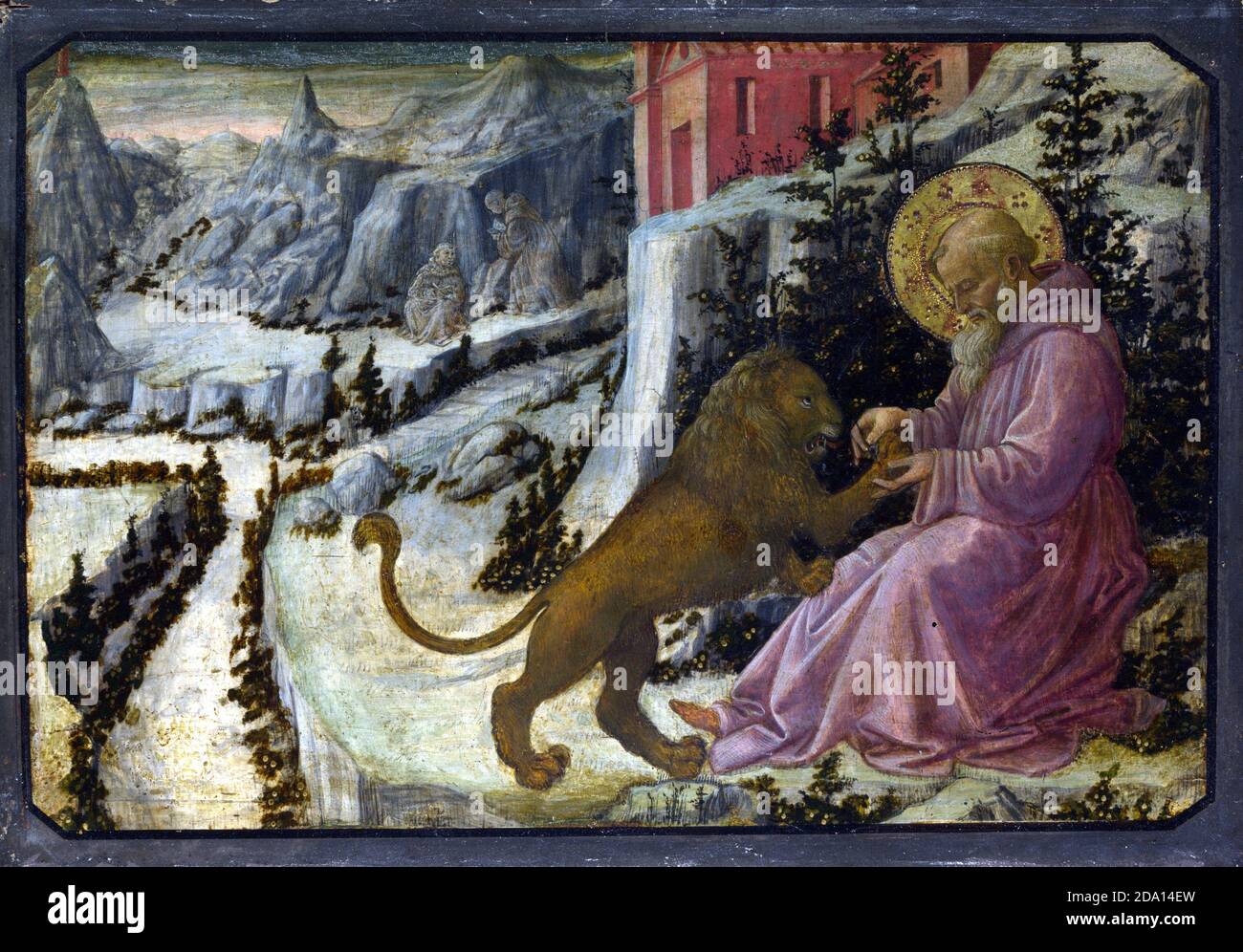Fra' Filippo Lippi O.Carm., also known as Lippo Lippi, was an Italian painter of the Quattrocento. Saint Jerome and the Lion: Predella Panel Stock Photo