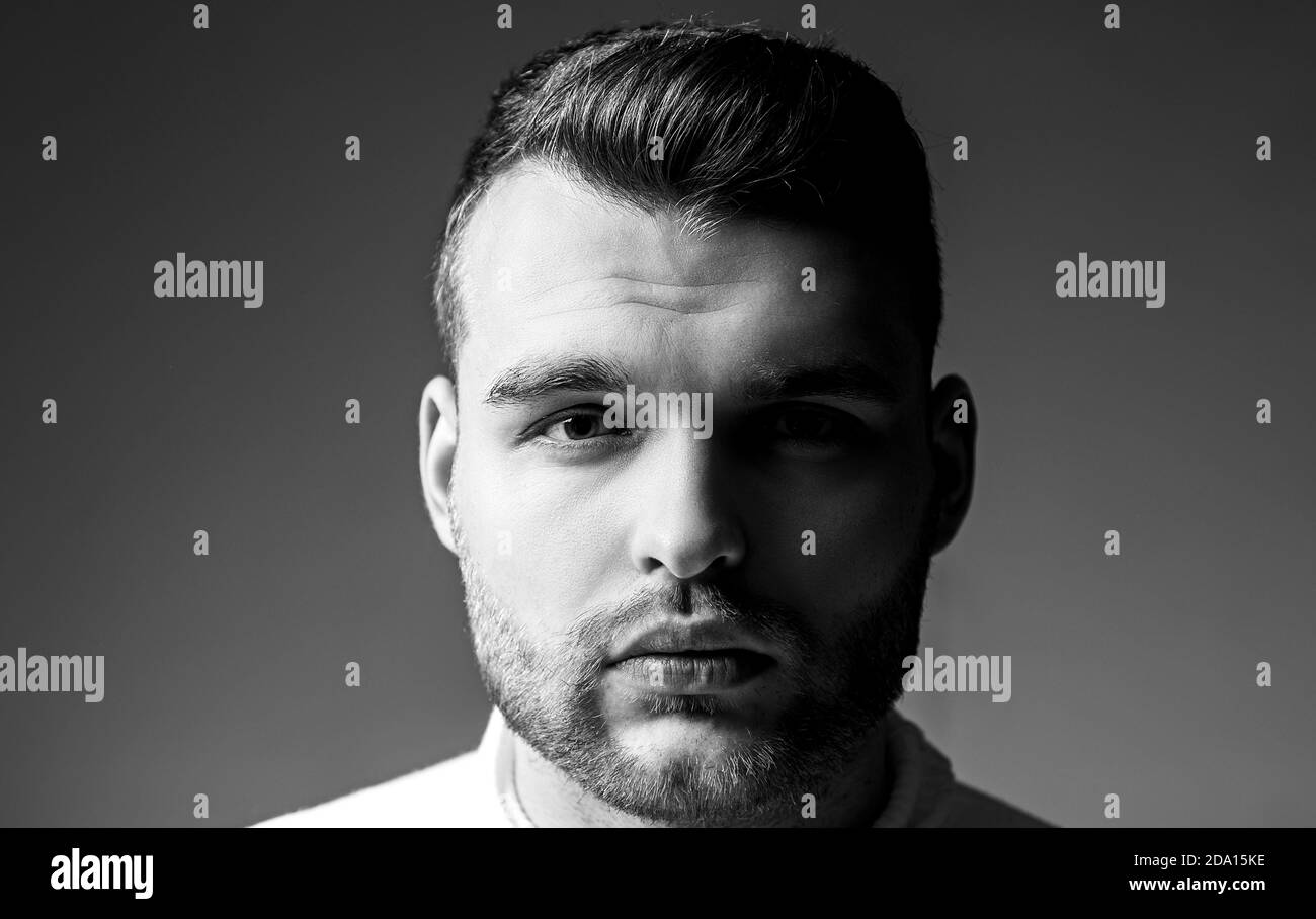 Hairstyle barber. Man bearded macho close up face. Barbershop concept. Beard grooming. Hipster style beard. Handsome bearded guy. Masculinity and Stock Photo - Alamy Hairstyle barber. Man bearded macho close up face. Barbershop concept. Beard grooming. Hipster style beard. Handsome bearded guy. Masculinity and Stock Photo - Alamy