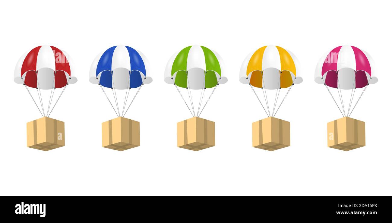 Vector 3d Realistic Parachute with Paper Cardboard Boxes Icon Set ...