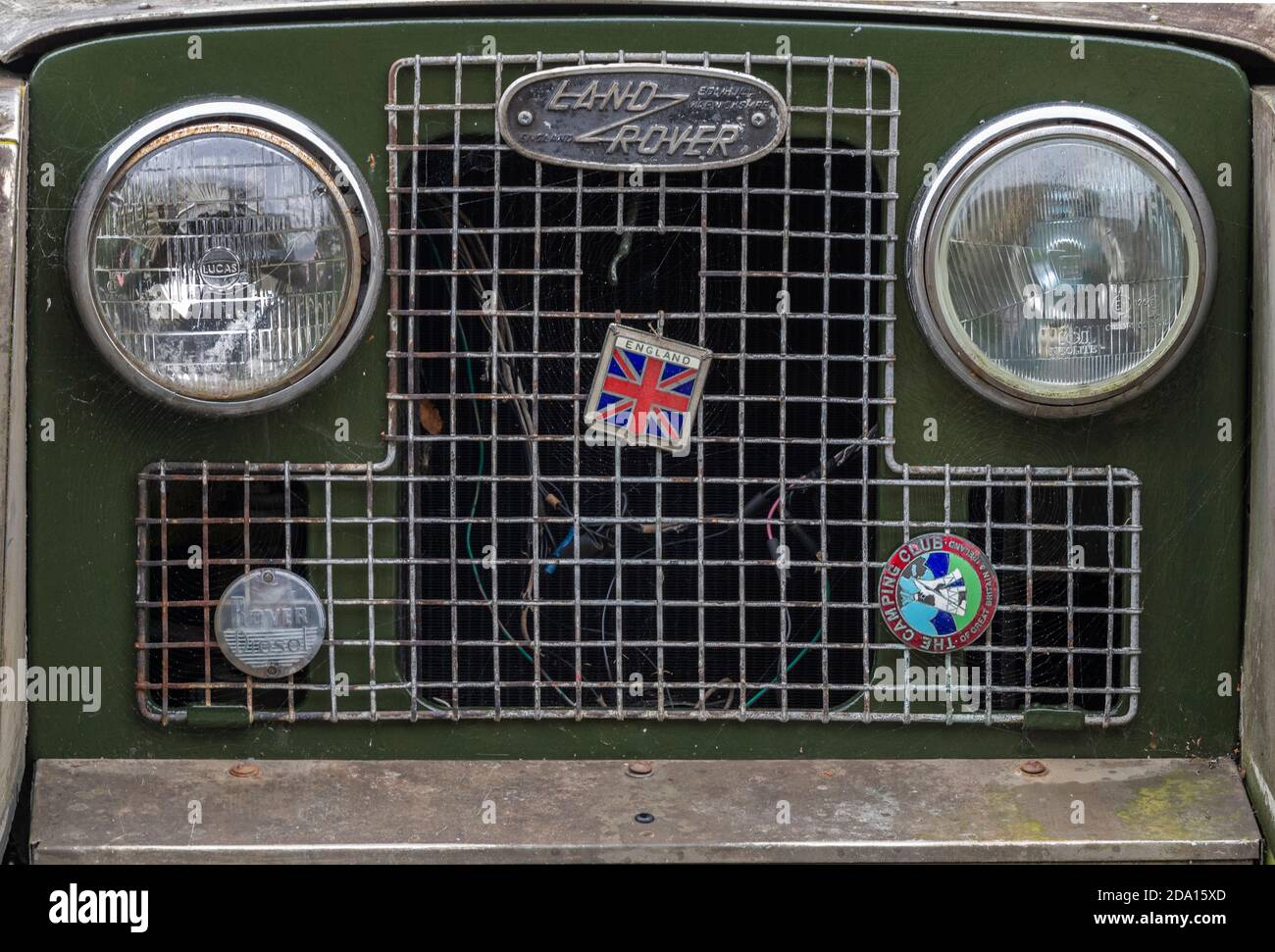 radiator grille on a series 1 or 2 land rover car with union jack badge made in england headlights Stock Photo