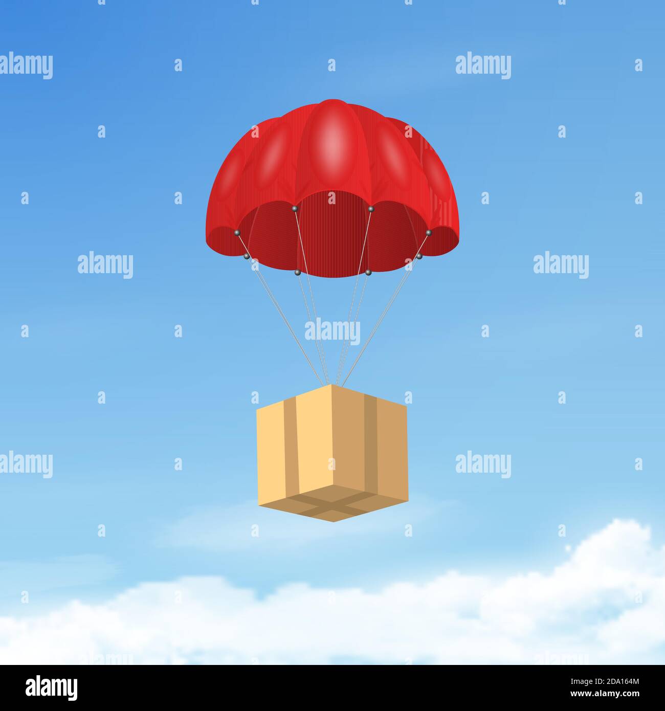 Vector 3d Realistic Red Flying Parachute with Paper Cardboard Boxe on Blue Sky Background. Design Template for Delivery Services, Post, E-Commerce Stock Vector