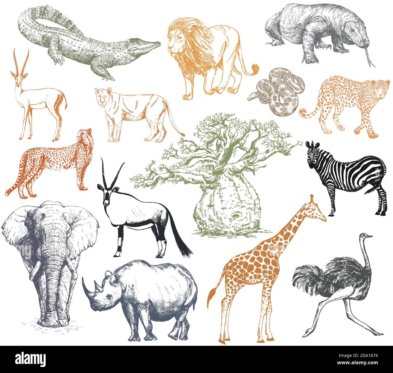 Big set of hand drawn sketch style animals isolated on white background. Vector illustration. Stock Vector