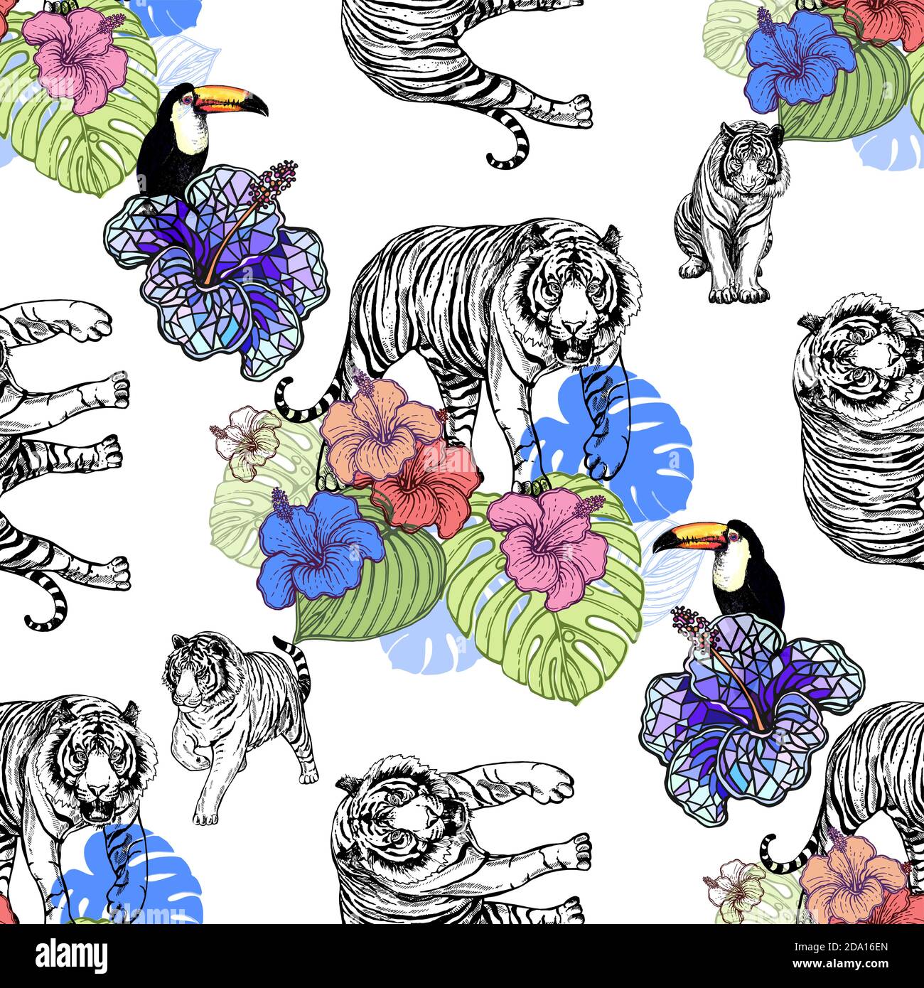 Seamless pattern of hand drawn sketch style tigers, toucans and flowers isolated on white background. Vector illustration. Stock Vector