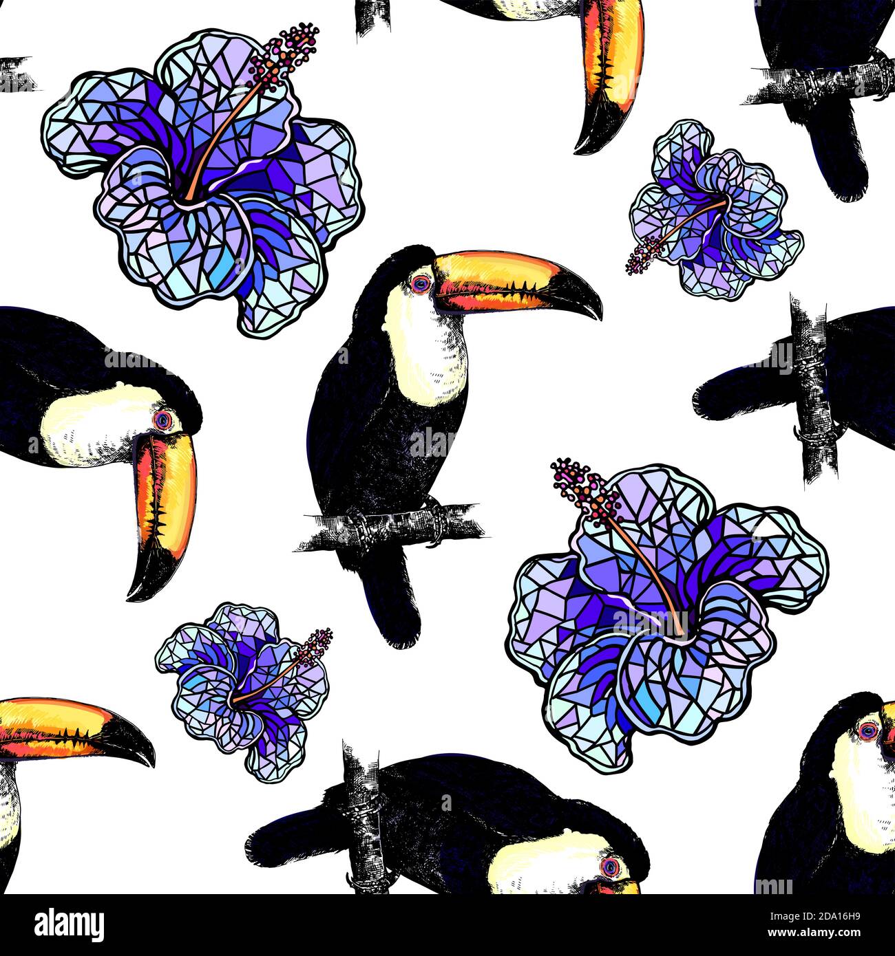 Seamless pattern of hand drawn sketch style colorful toucans and abstract flowers. Vector illustration isolated on white background. Stock Vector
