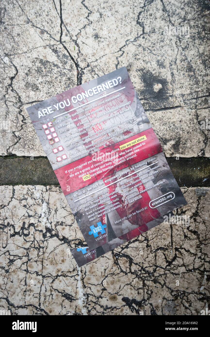 Are you concerned, Covid restriction leaflet, event202, dissidence against lockdown measures in the UK due to covid19 coronavirus Stock Photo