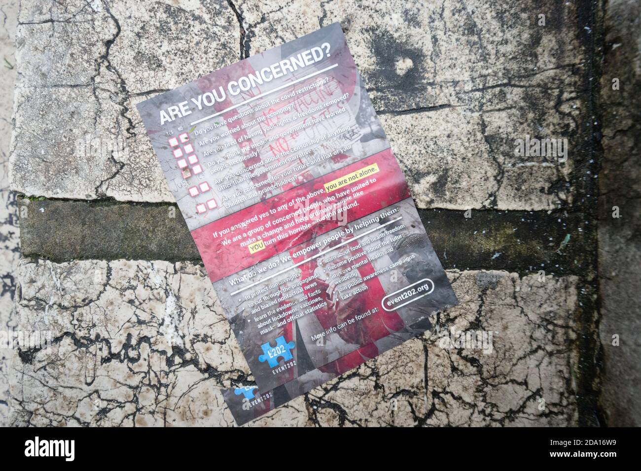 Are you concerned, Covid restriction leaflet, event202, dissidence against lockdown measures in the UK due to covid19 coronavirus Stock Photo
