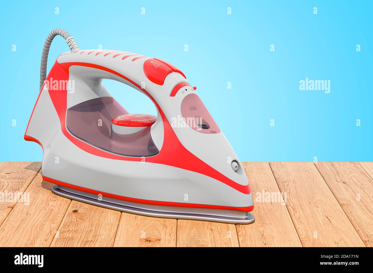 Electric steam irons on the wooden planks, 3D rendering Stock Photo Alamy