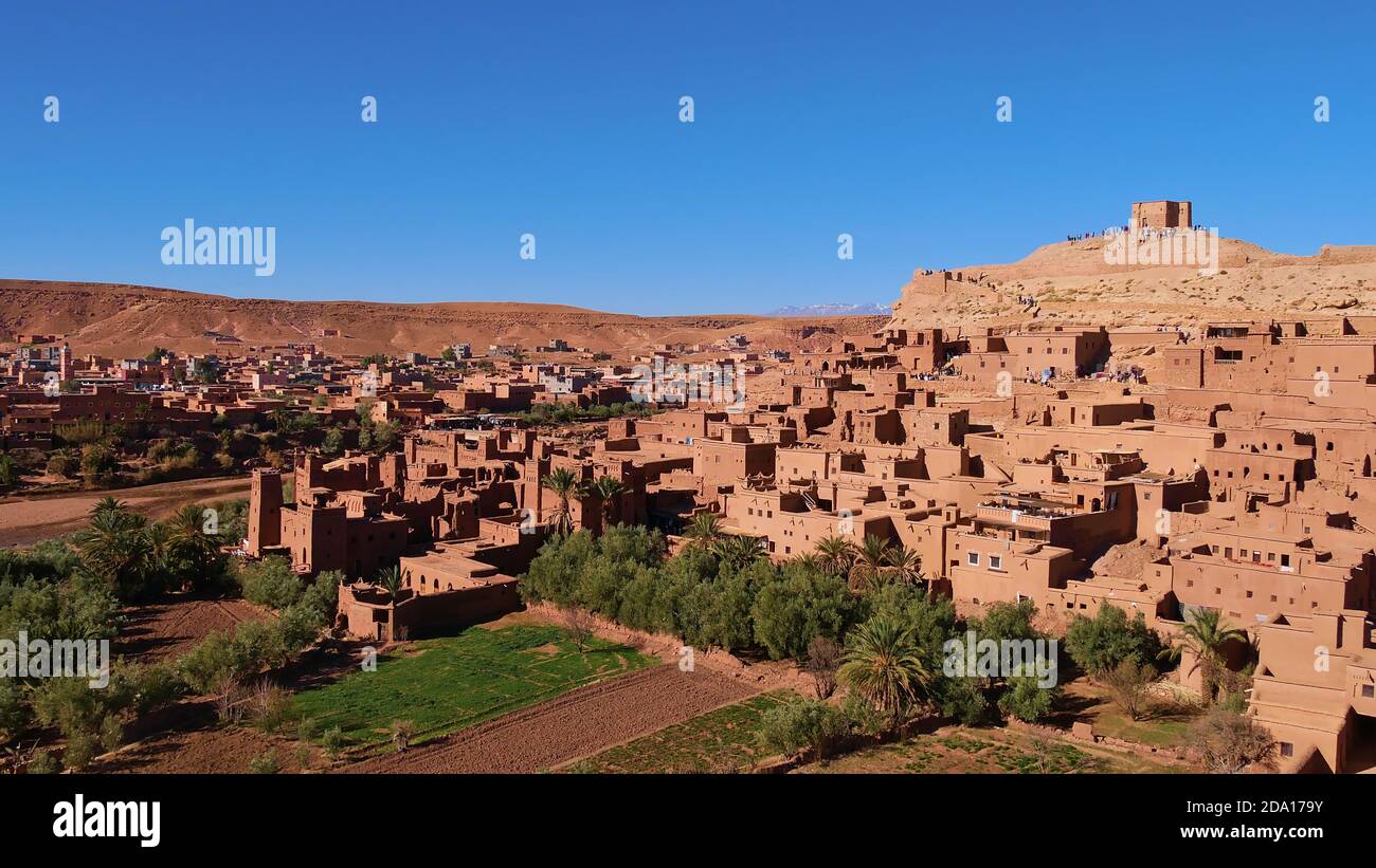 Panorama view of majestic Moorish ksar Ait Benhaddou, UNESCO World Heritage Site, with historic loam buildings located on the foothills of the Atlas. Stock Photo