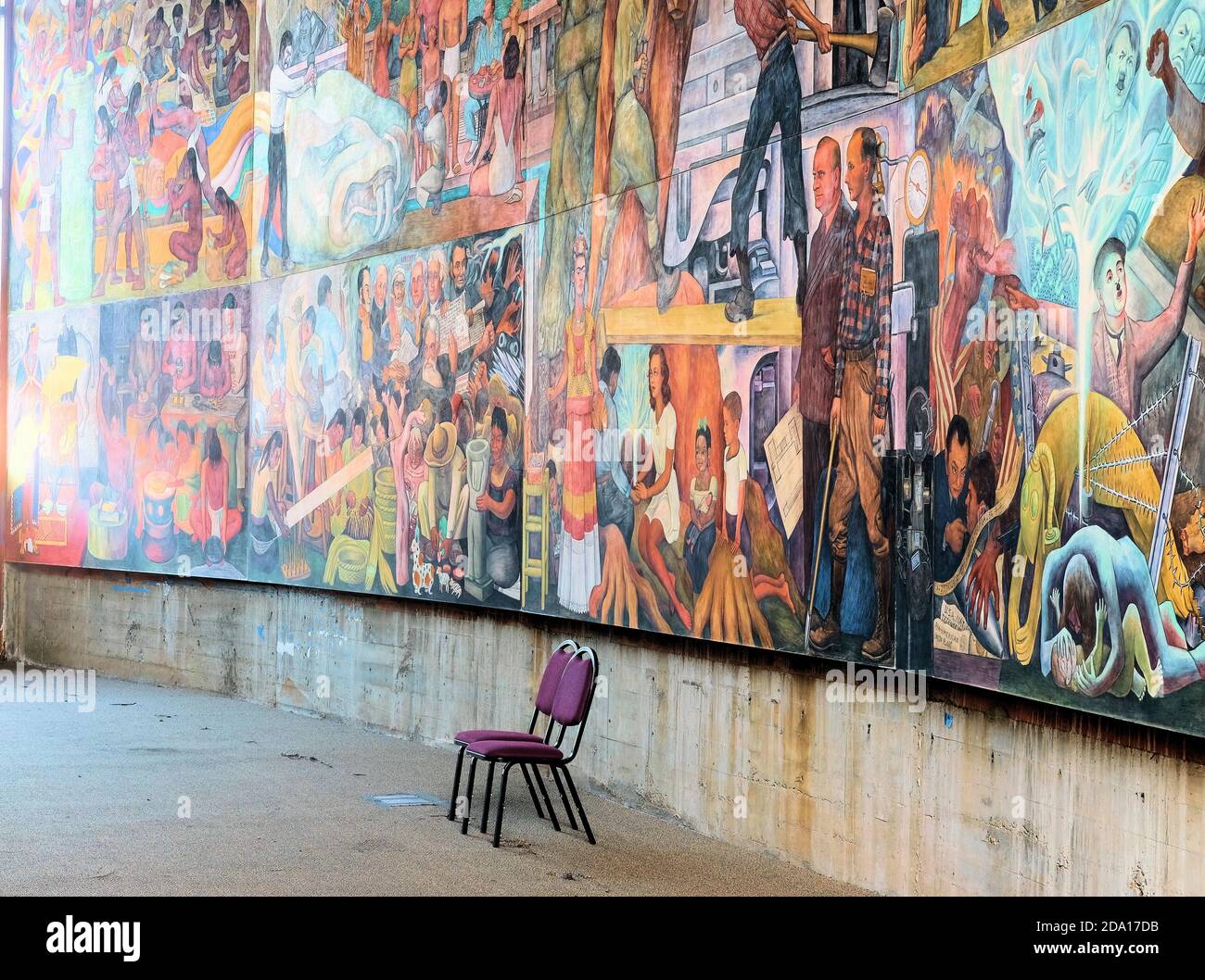 Partial view of Diego Rivera's 1940 Pan American Unity mural on the campus of the City College of San Francisco, California; Mexican muralism abroad. Stock Photo