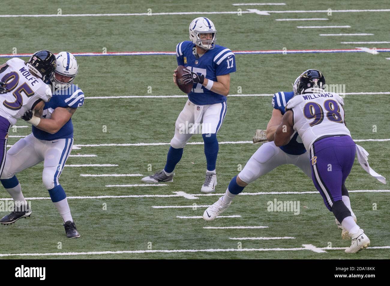 Indianapolis, Indiana, USA. 8th Nov, 2020. Indianapolis Colts quarterback Philip Rivers (17) drops back to pass during the game between the Baltimore Ravens and the Indianapolis Colts at Lucas Oil Stadium, Indianapolis, Indiana. Credit: Scott Stuart/ZUMA Wire/Alamy Live News Stock Photo