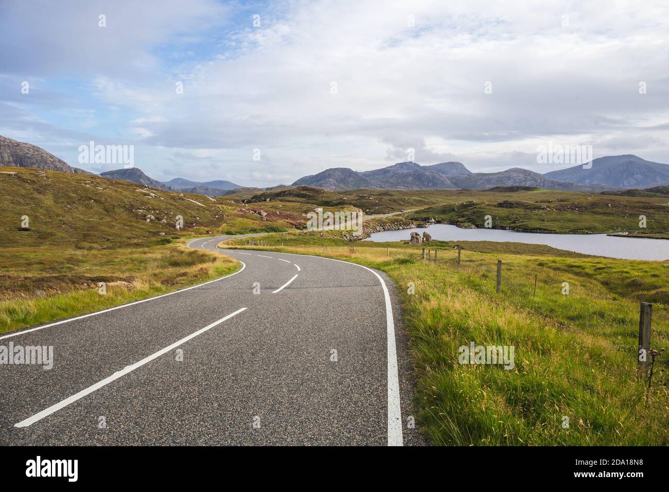 Road along the coast of Uig Sand and Harris island, Outer Hebrides, Scotland. Stock Photo