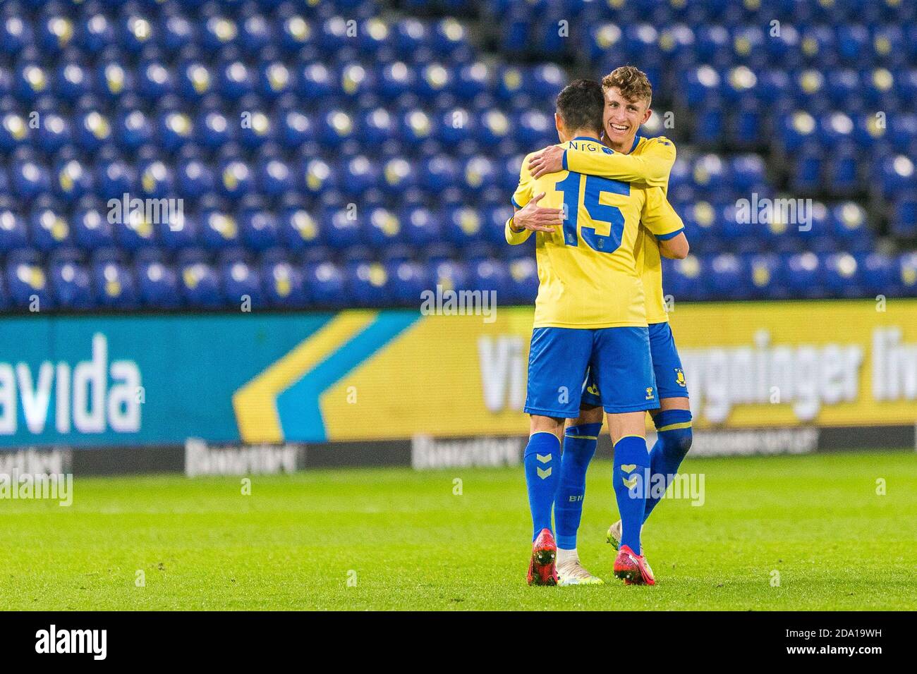 Brondby, Denmark. 08th Nov, 2020. Jesper Lindstrom (18) of Broendby IF scores for 3-0 and celebrates with Blas Riveros (15) during the 3F Superliga match between Broendby IF and Odense Boldklub at Brondby Stadium. (Photo Credit: Gonzales Photo/Alamy Live News Stock Photo