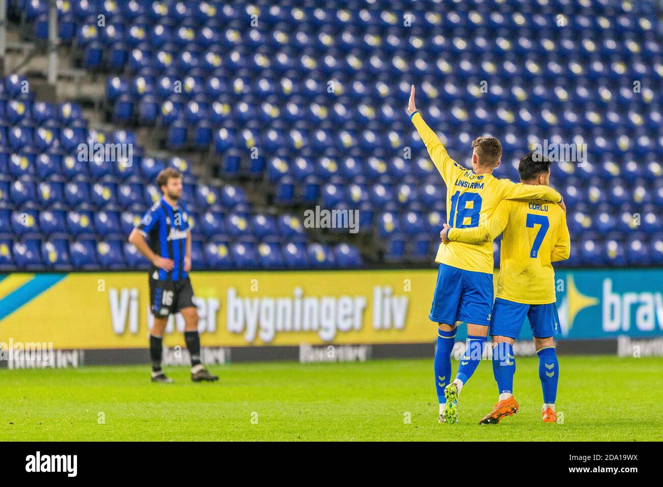 Brondby, Denmark. 08th Nov, 2020. Jesper Lindstrom (18) of Broendby IF scores for 3-0 and celebrates with Rezan Corlu (7) during the 3F Superliga match between Broendby IF and Odense Boldklub at Brondby Stadium. (Photo Credit: Gonzales Photo/Alamy Live News Stock Photo