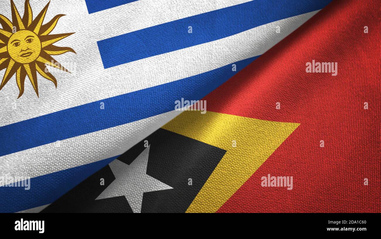 Uruguay and Timor-Leste East Timor two flags textile cloth, fabric texture Stock Photo