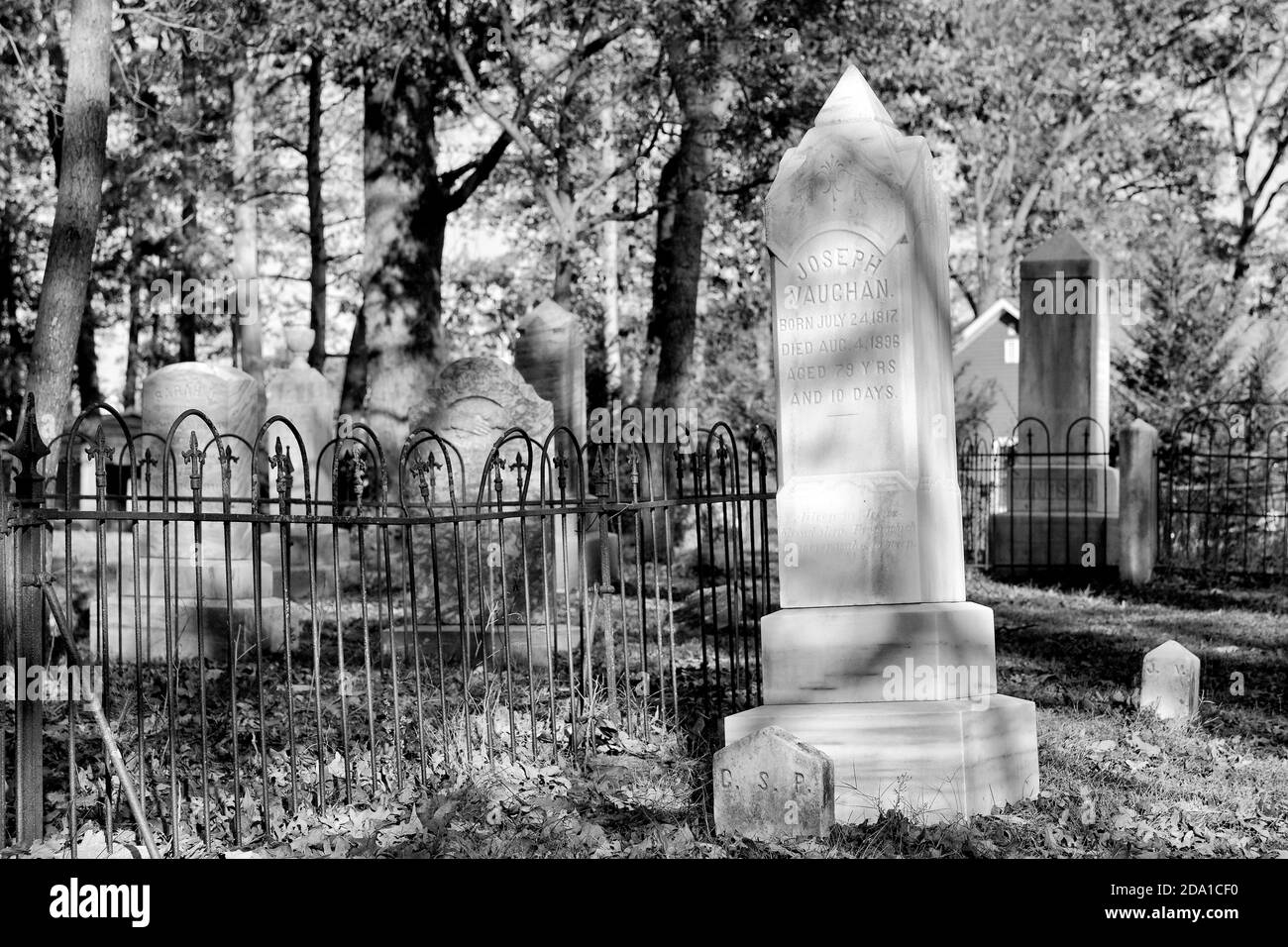 Grave markers at Old Christ Church, Laurel, DE. Black & white Stock