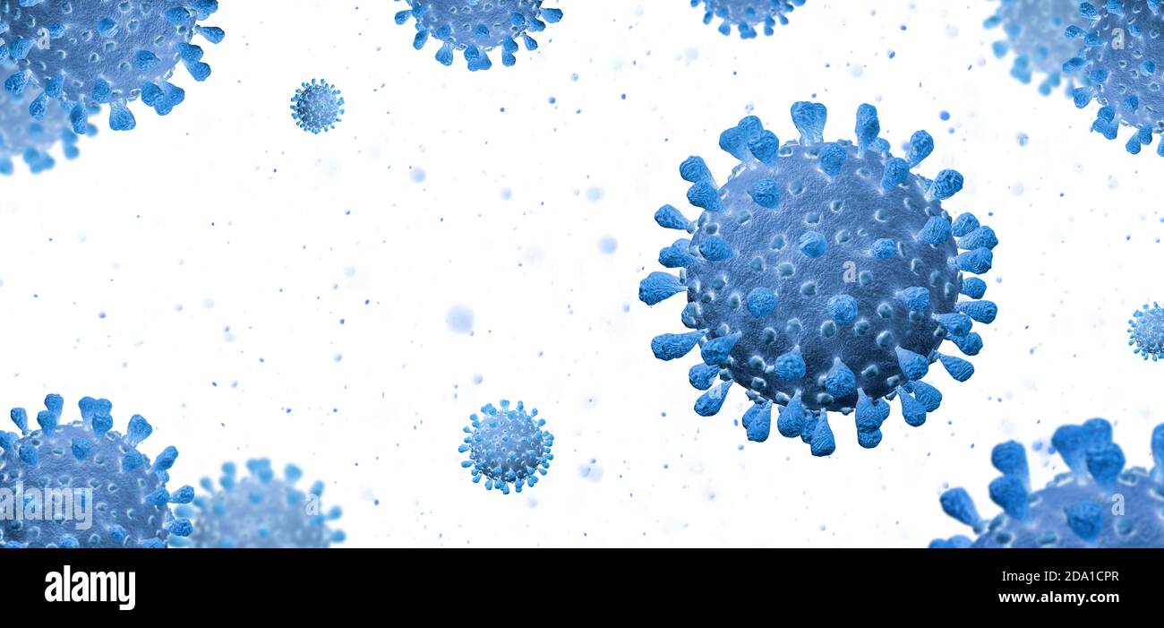 Blue corona or flu aerosols closeup. Virus 3d rendering animation. Stock Photo