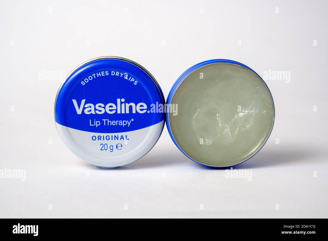 Vaseline lip treatment product. Close up image. Petroleum jelly-based product for skin. Stock Photo