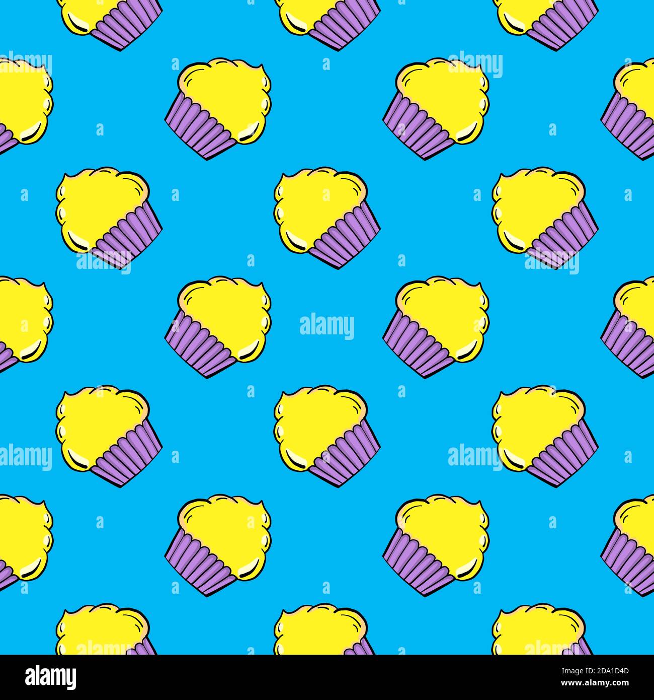 Yellow cupcake, seamless pattern on a blue background. Stock Vector