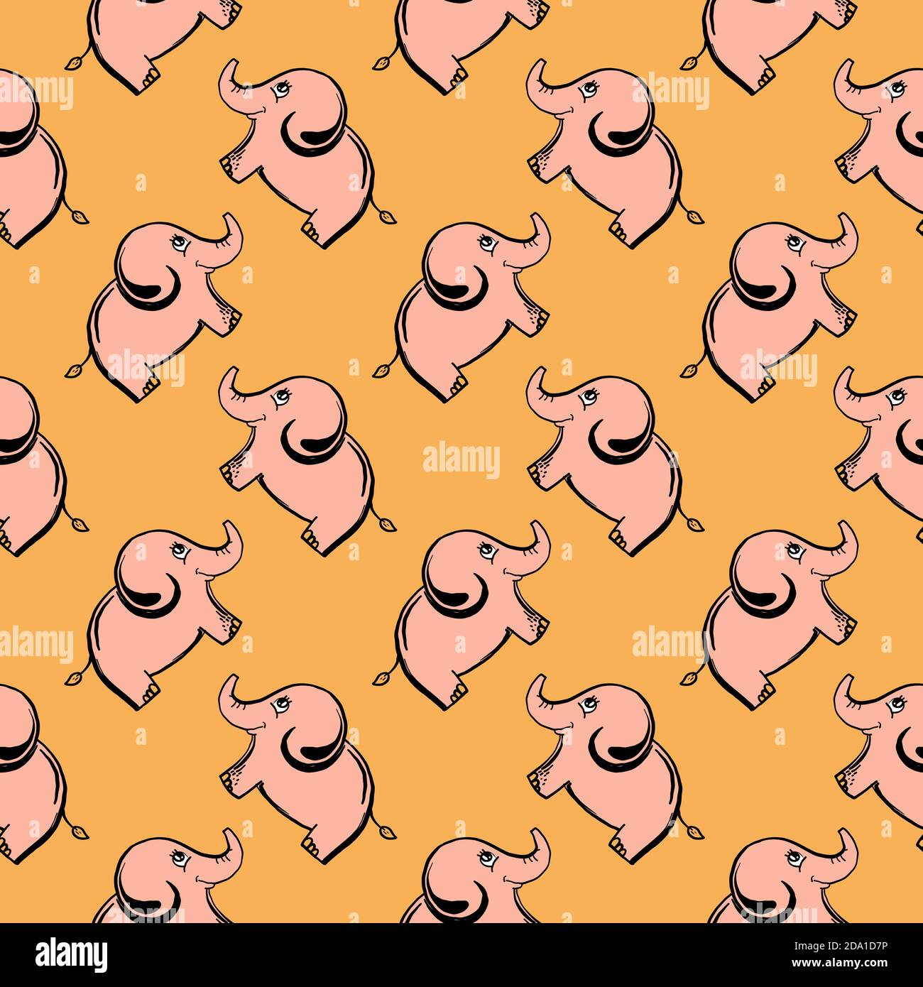 Cute elephants, seamless pattern on a orange background. Stock Vector