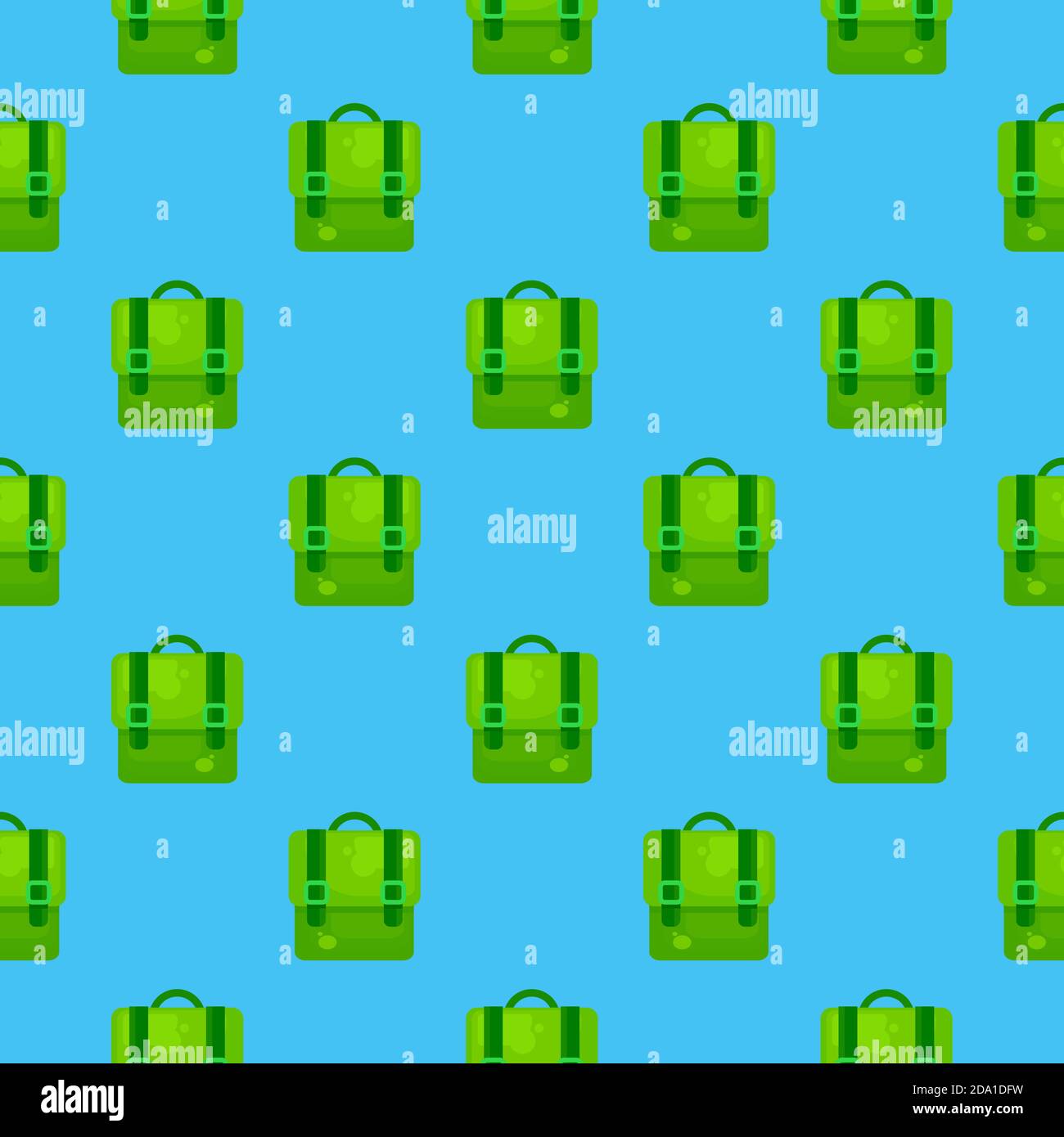 Green backpack , seamless pattern on a blue background. Stock Vector