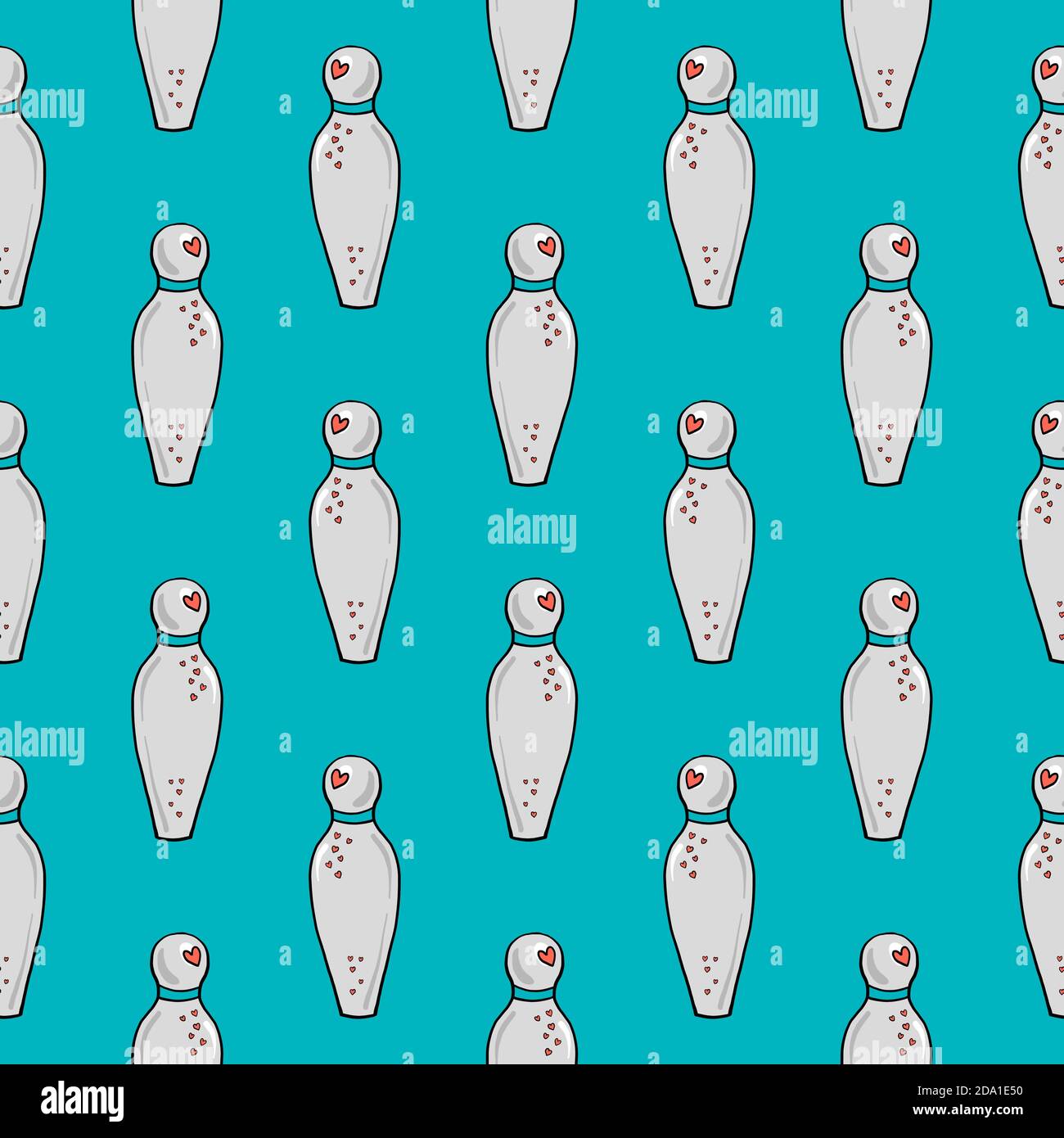 White bowling pins , seamless pattern on a light blue background. Stock Vector