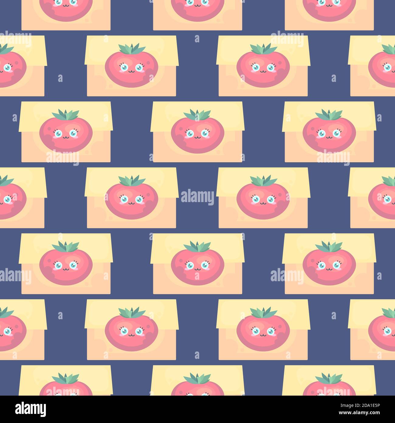 Box of tomatos , seamless pattern on a blue background. Stock Vector