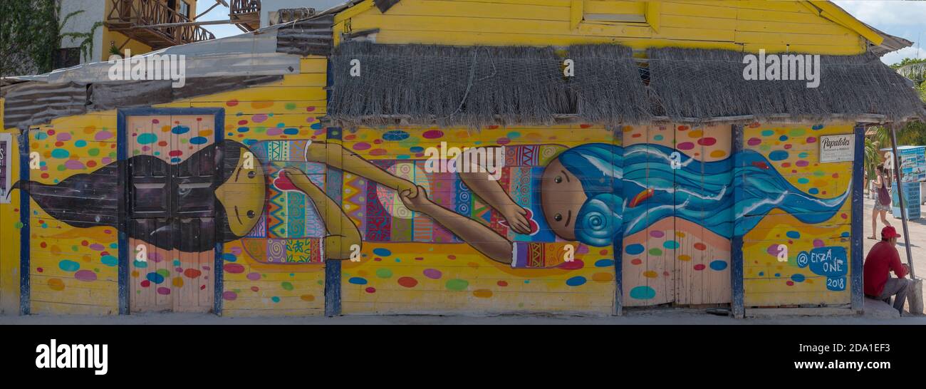 graffiti, street art on a house wall in Holbox village, Mexico Stock Photo