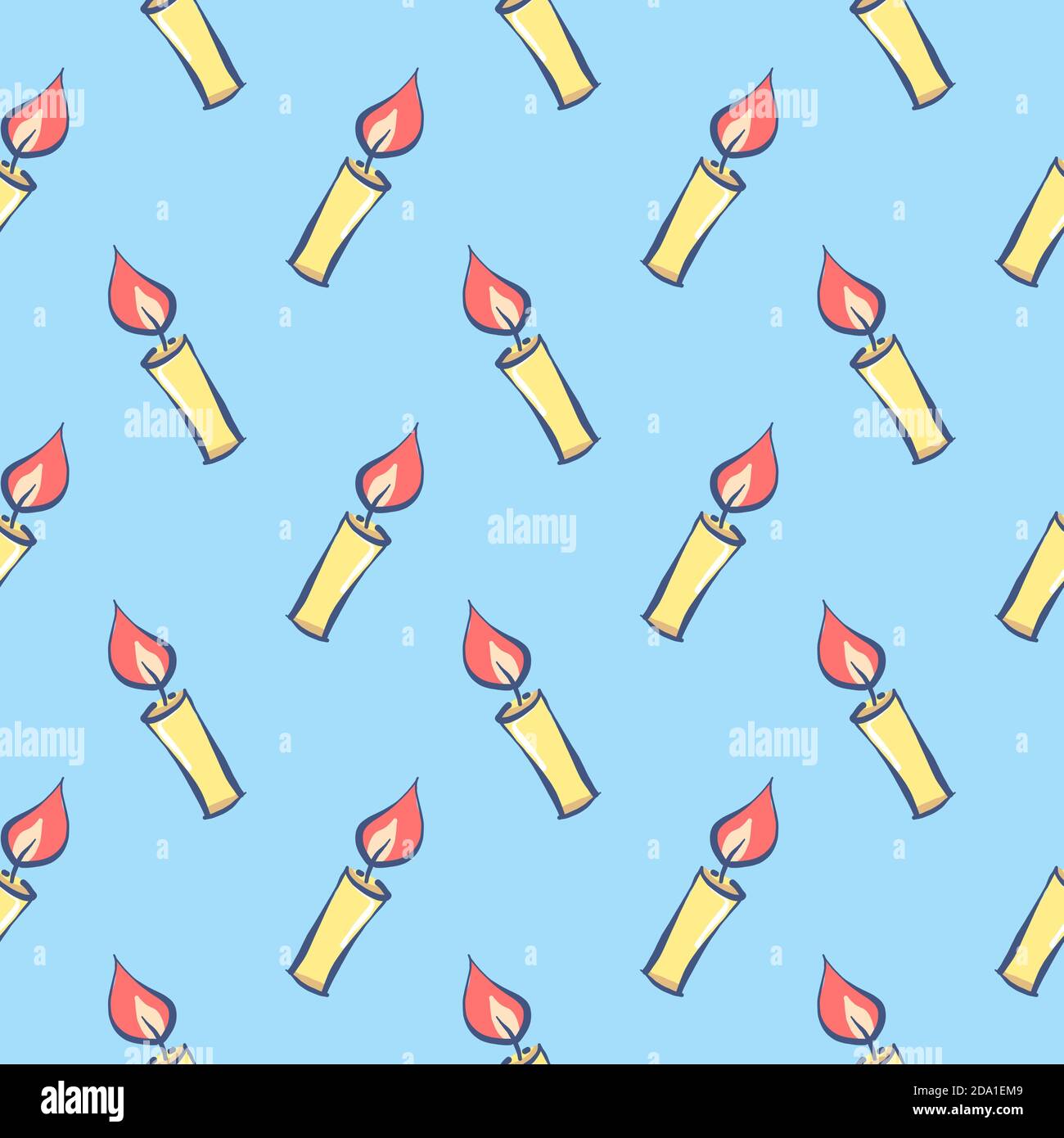 Burning candle , seamless pattern on a light blue background. Stock Vector