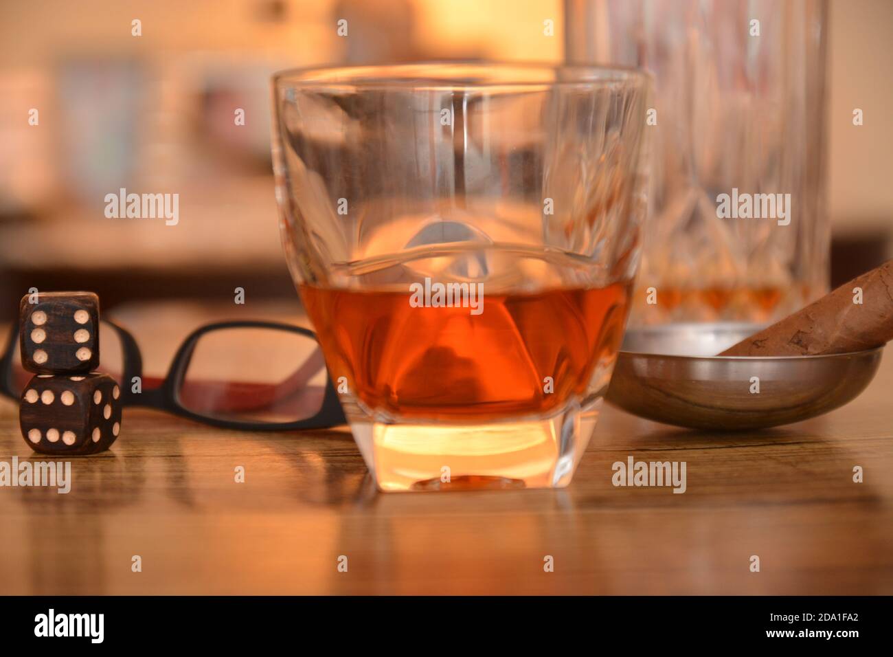 cognac glass drink scene in the bar with tobacco cigar alcohol Stock