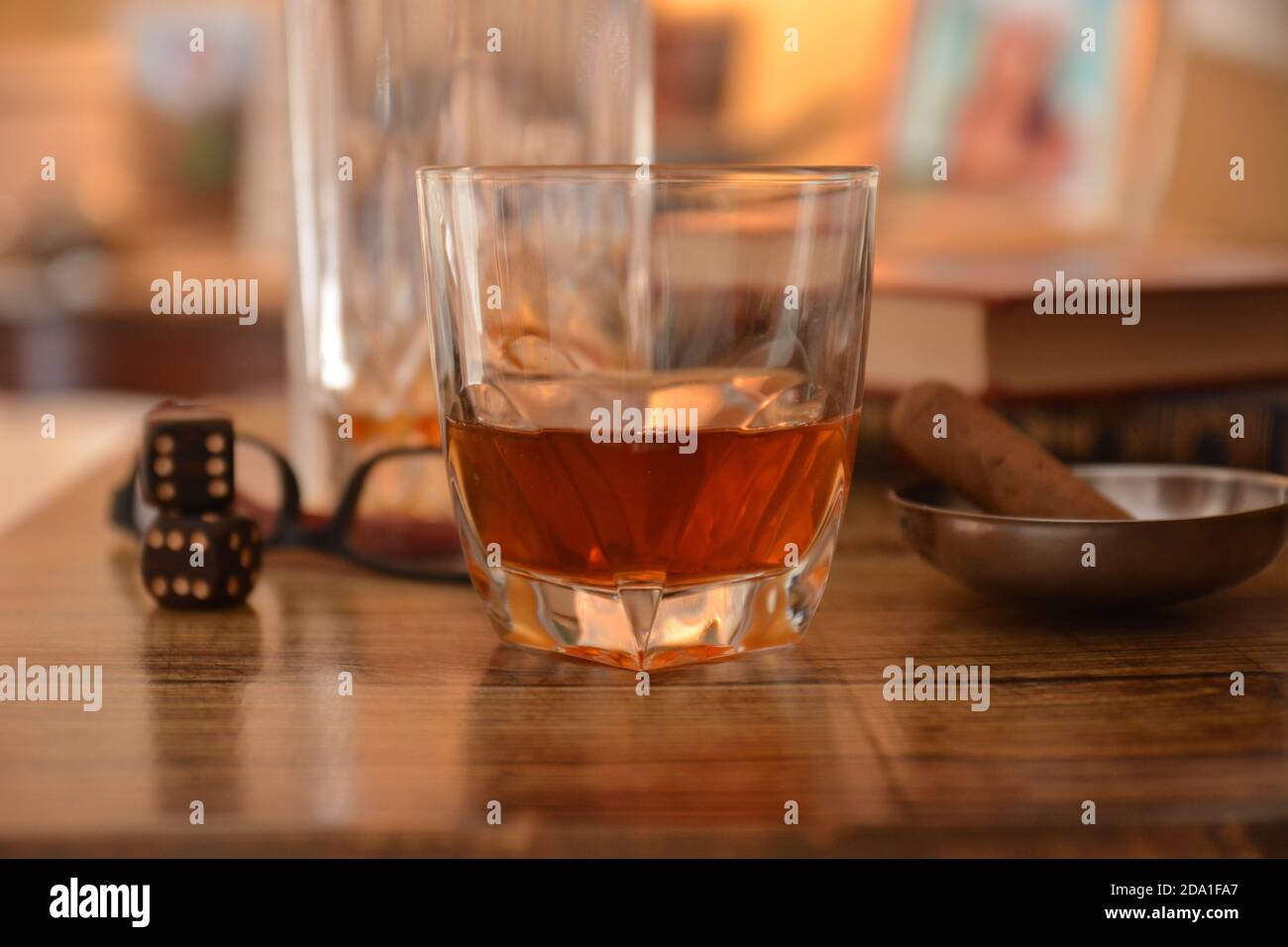 cognac glass drink scene in the bar with tobacco cigar alcohol Stock