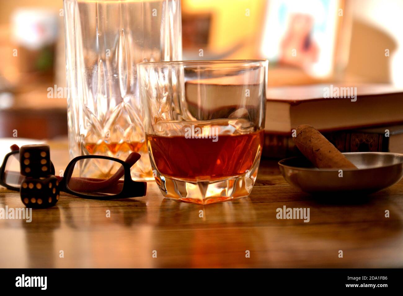 cognac glass drink scene in the bar with tobacco cigar alcohol Stock