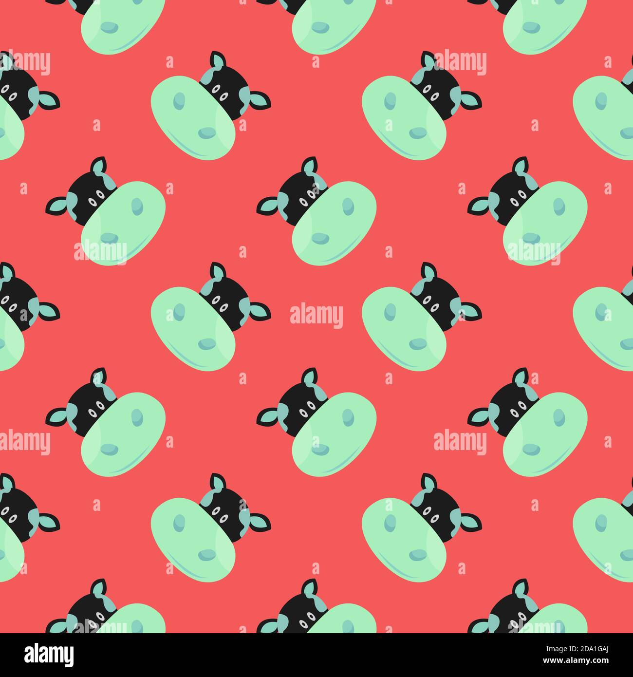 Green cow head , seamless pattern on a bright red background. Stock Vector