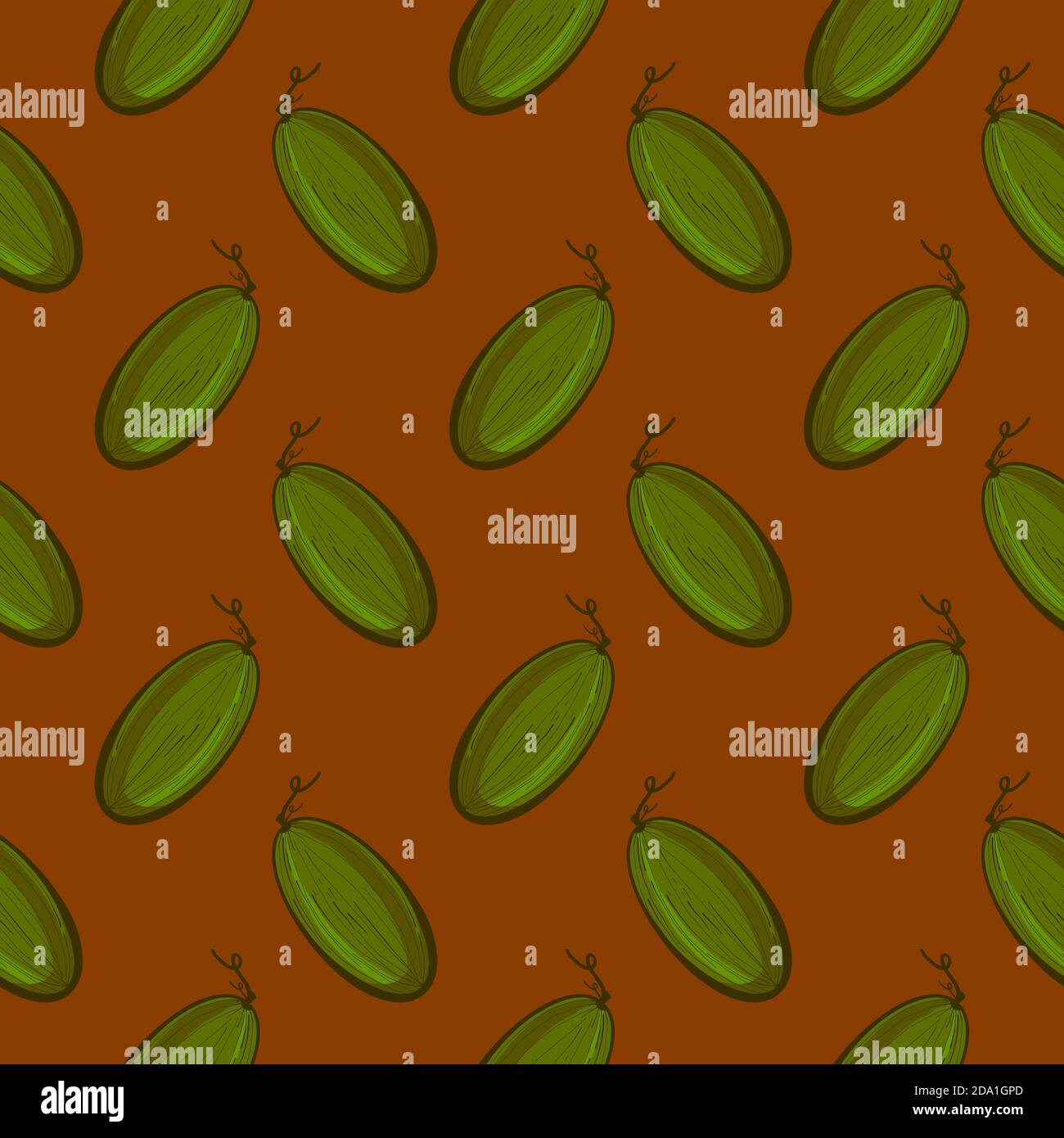 Green cucumbers , seamless pattern on a brown background. Stock Vector