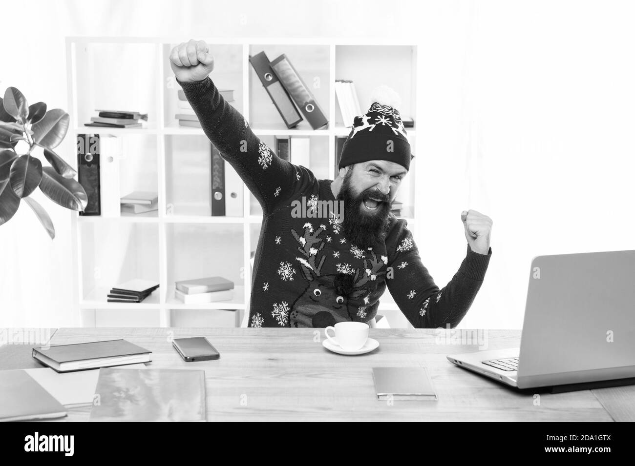 Celebrating success. Businessman in Christmas jumper make winner gesture. Happy hipster celebrate success in office. Bearded man excited about success. Holiday business success. Successful marketing. Stock Photo
