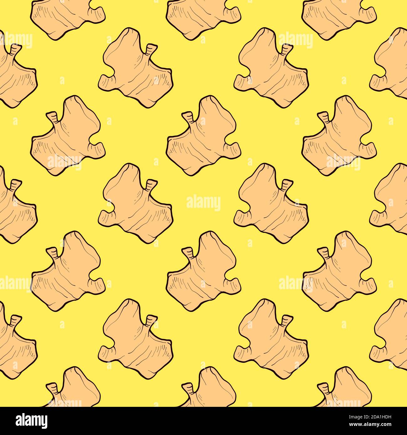 Small ginger plant , seamless pattern on a yellow background. Stock Vector