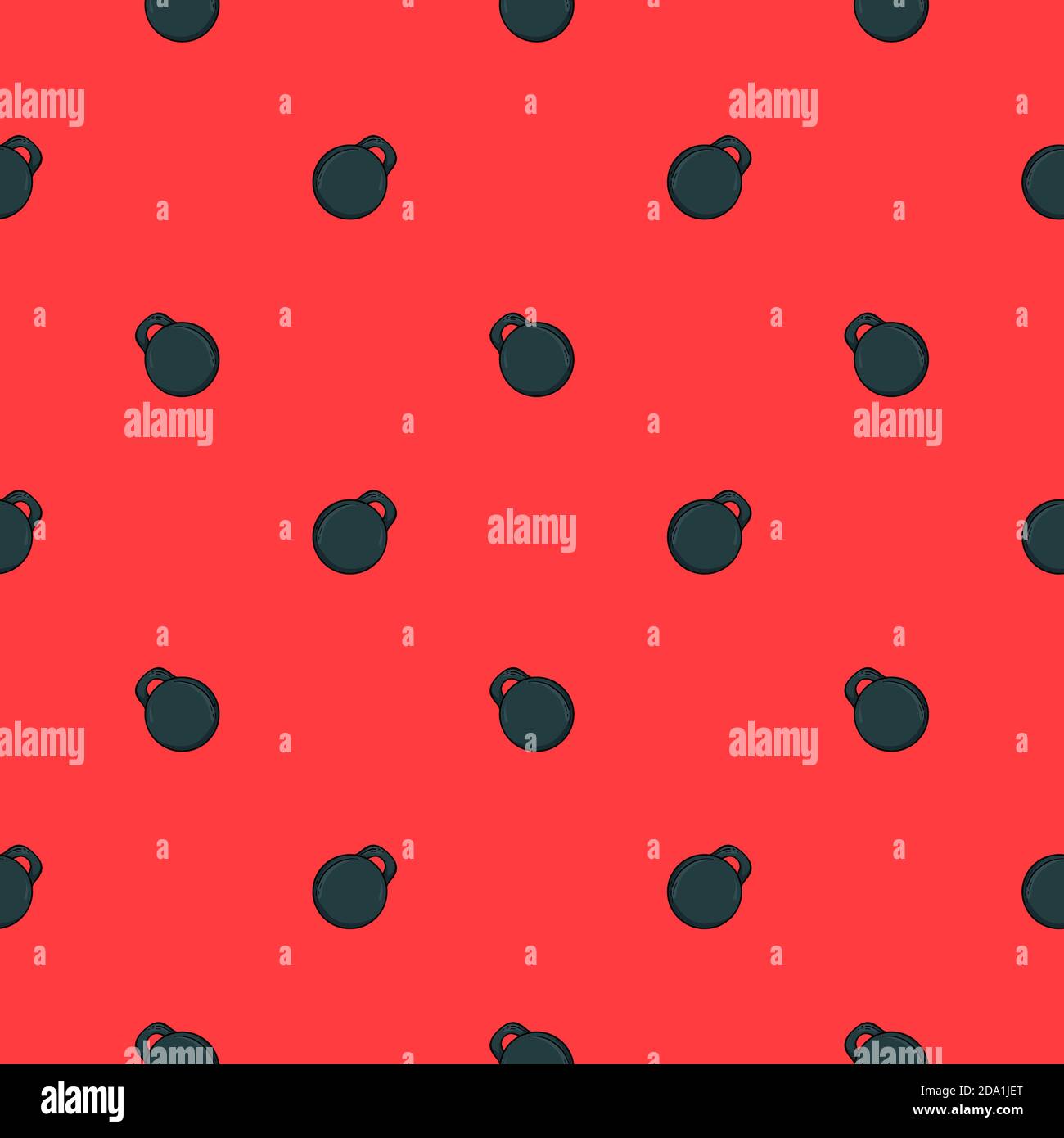 Black kettlebell , seamless pattern on a red background. Stock Vector