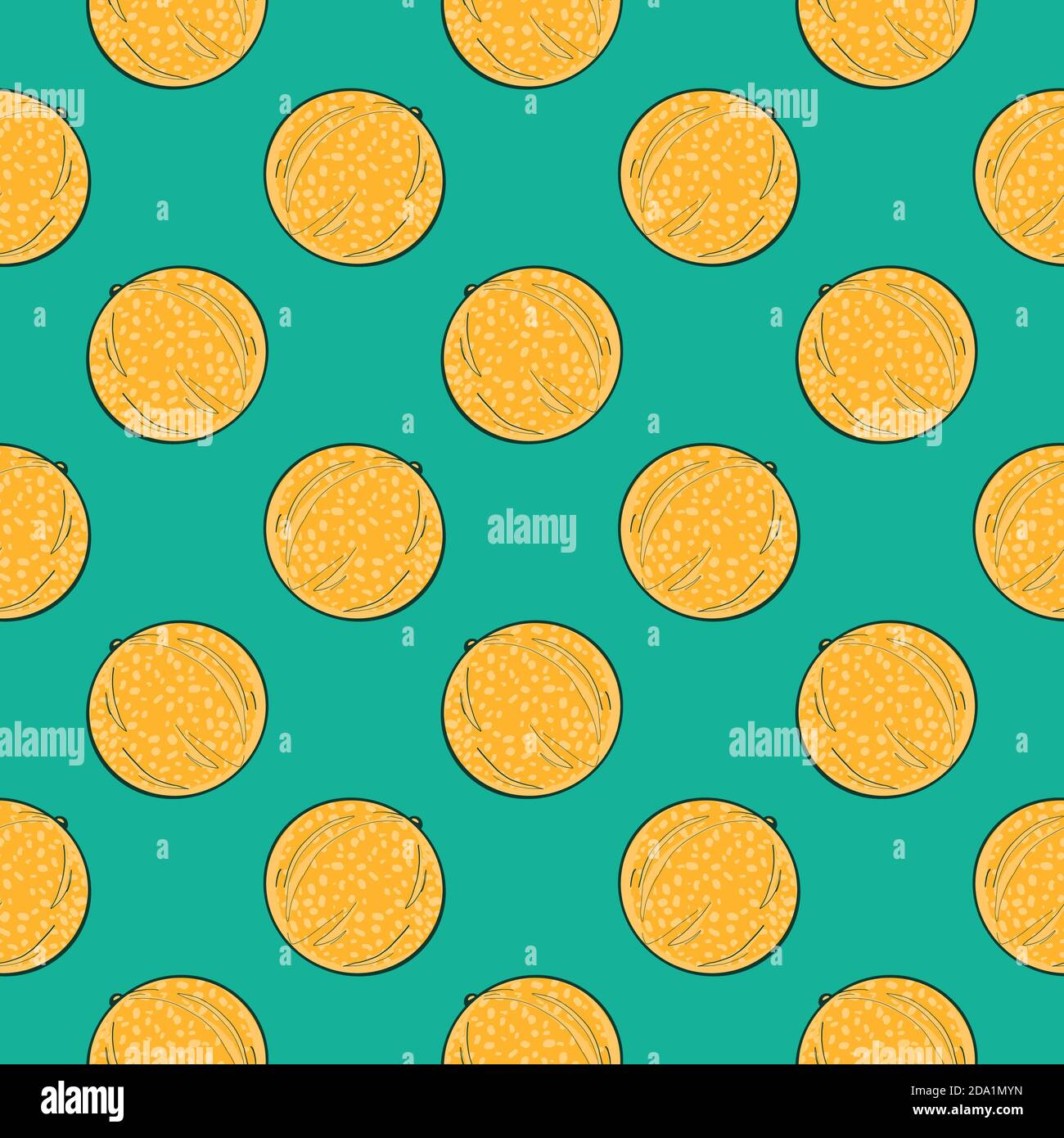 Yellow melon , seamless pattern on a green background. Stock Vector