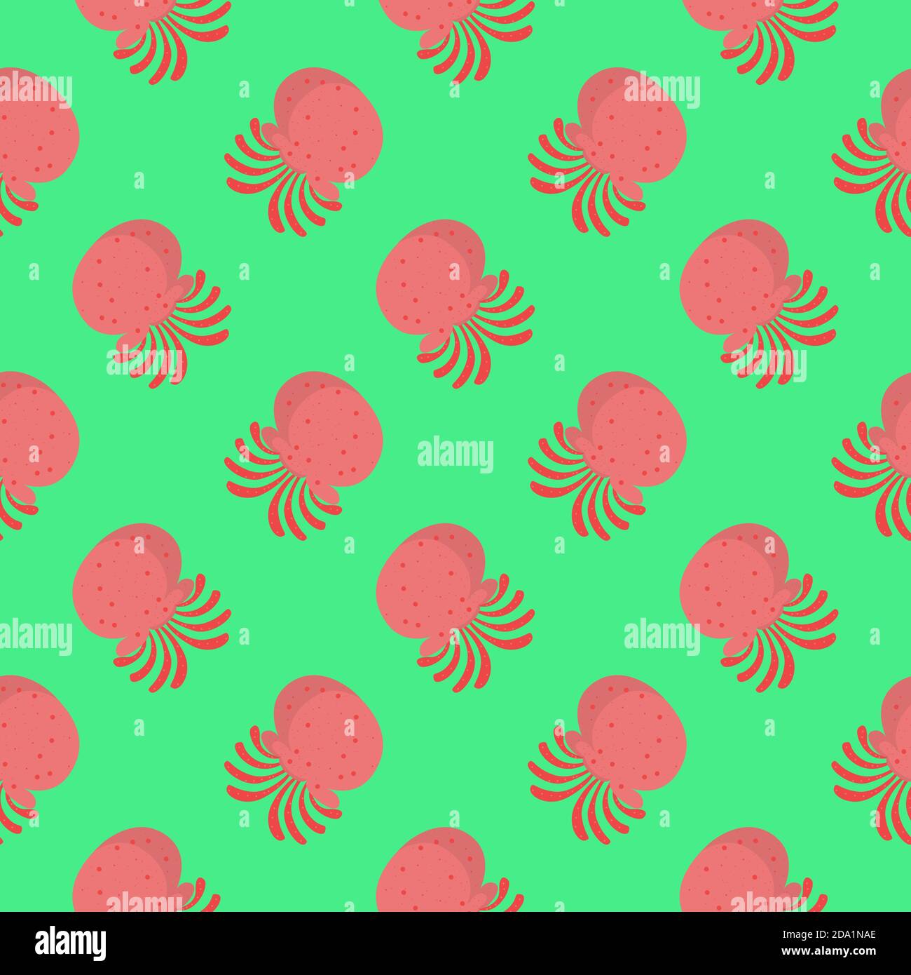 Red octopus , seamless pattern on a green background. Stock Vector