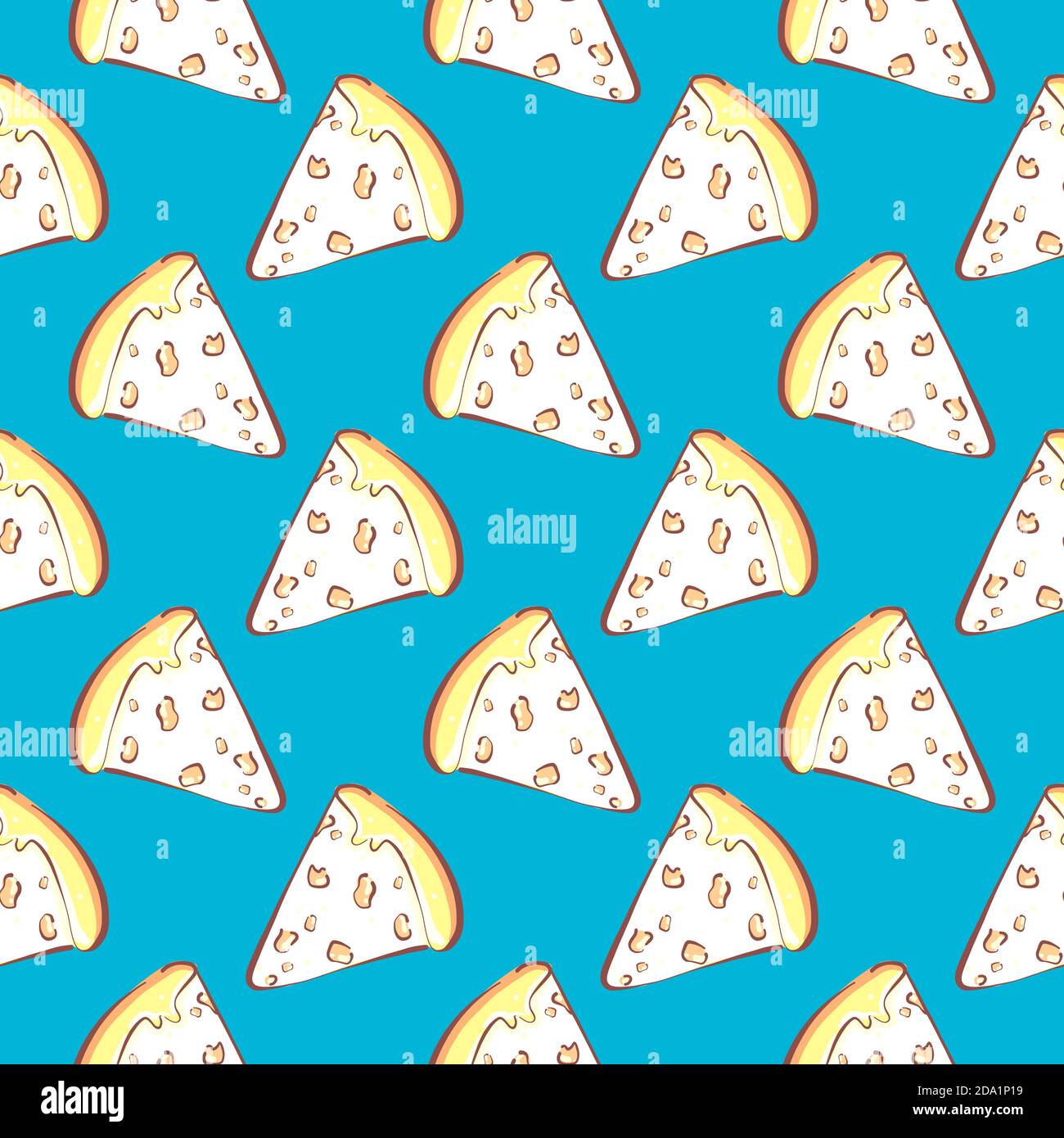 Pizza with cheese , seamless pattern on a blue background. Stock Vector