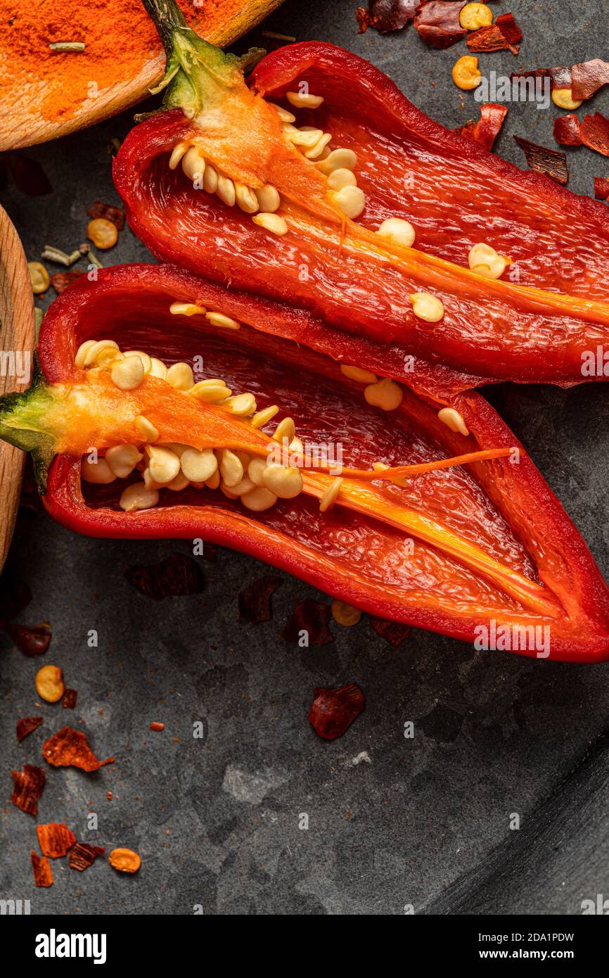 Peppers and Spices on pan Stock Photo