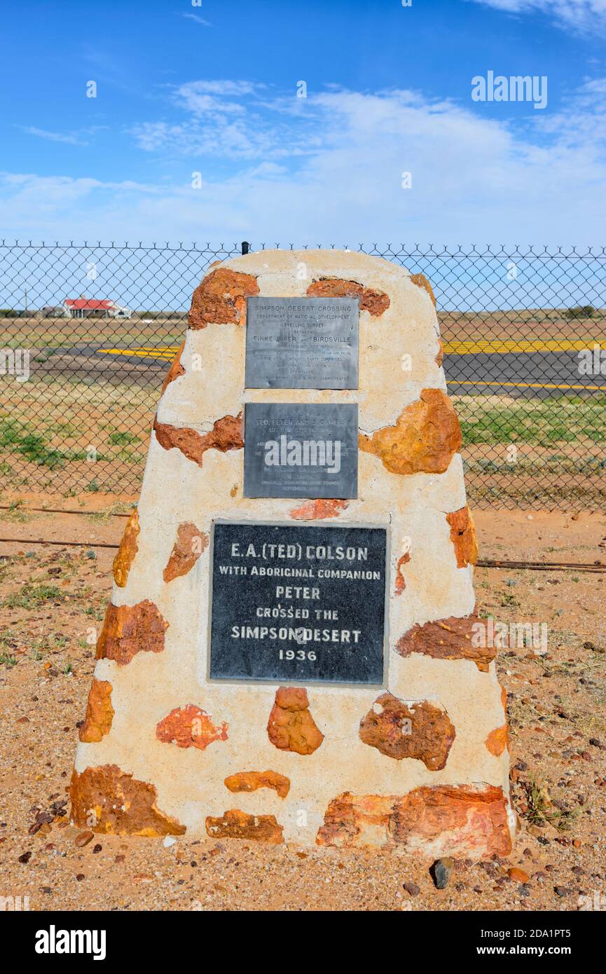 A monument in memory of E.A. (Ted) Colson who crossed the Simpson Desert in 1936, Birdsville, Queensland, QLD, Australia Stock Photo