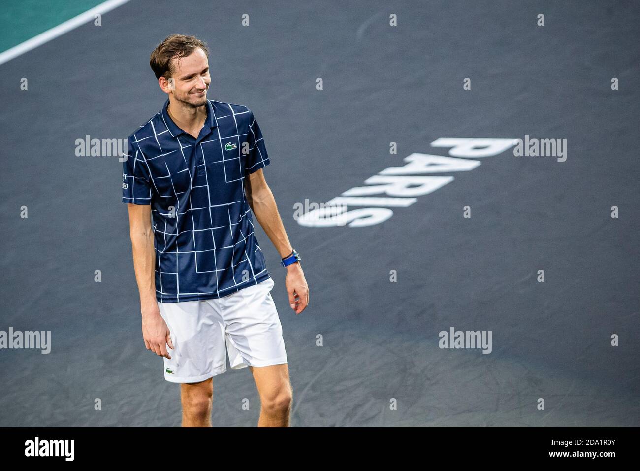 Paris, France. 8th Nov, 2020. Daniil Medvedev of Russia reacts during the men's singles final of ATP World Tour Paris Masters against Alexander Zverev of Germany in Paris, France, Nov. 8, 2020. Credit: Aurelien Morissard/Xinhua/Alamy Live News Stock Photo