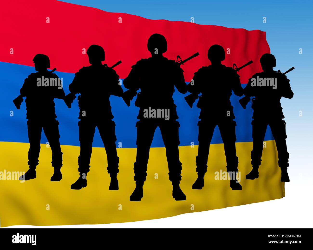 Armenia flag with group soldier silhouette. 3d rendering Stock Photo ...