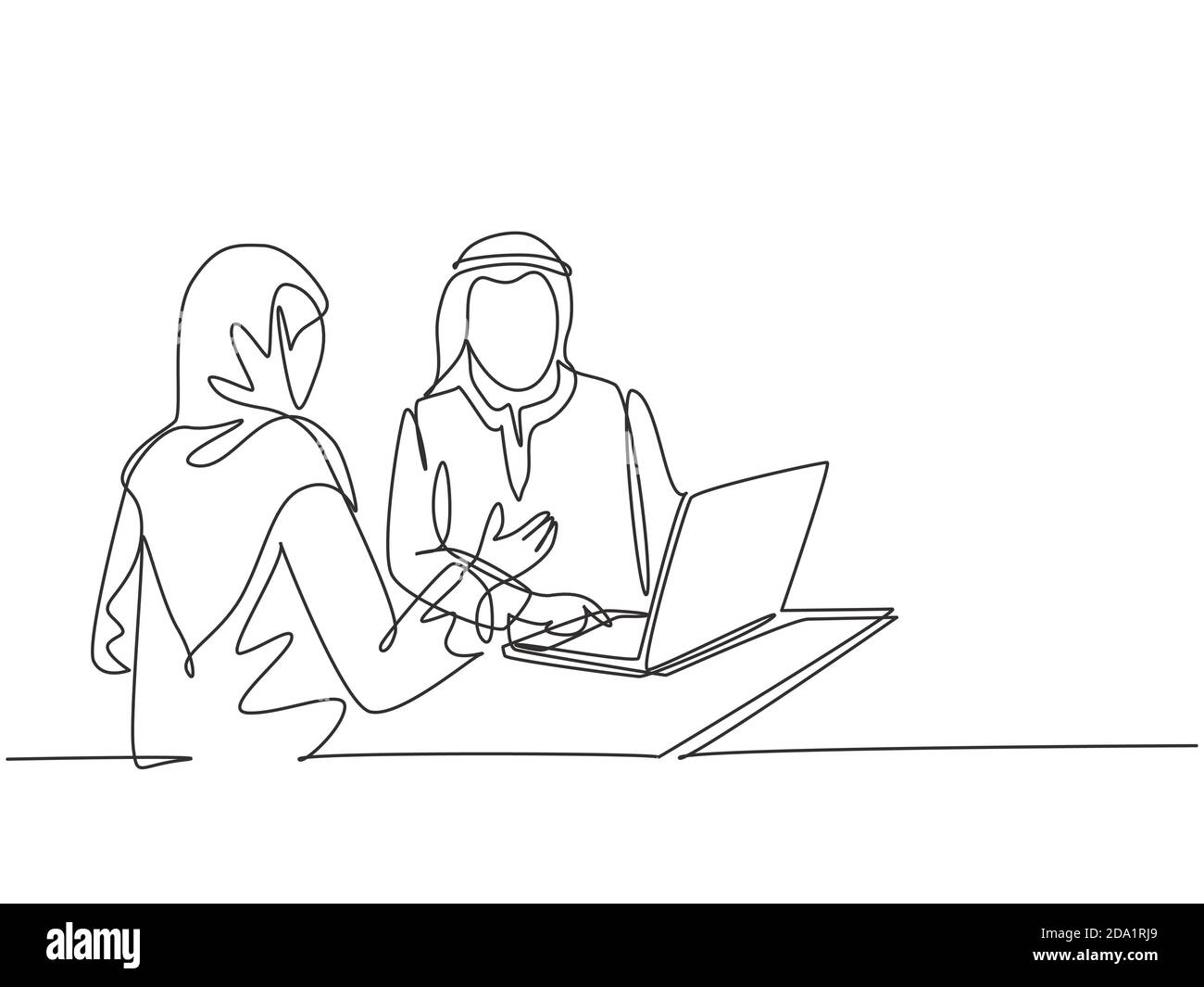 One continuous line drawing of young muslim sales marketer explaining features of new product to customer. Islamic clothing shemag, kandura, scarf Stock Vector