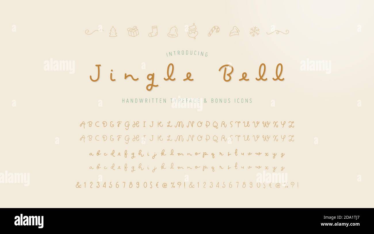 Hand written typography typeface script font and uppercase, lowercase,numeric alphabets. Regular and light weights and bonus christmas icons. Stock Vector