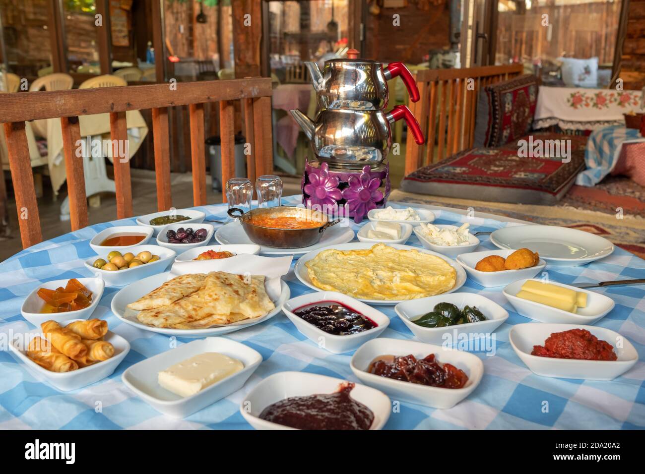 Delicious traditional turkish breakfast on the table Stock Photo