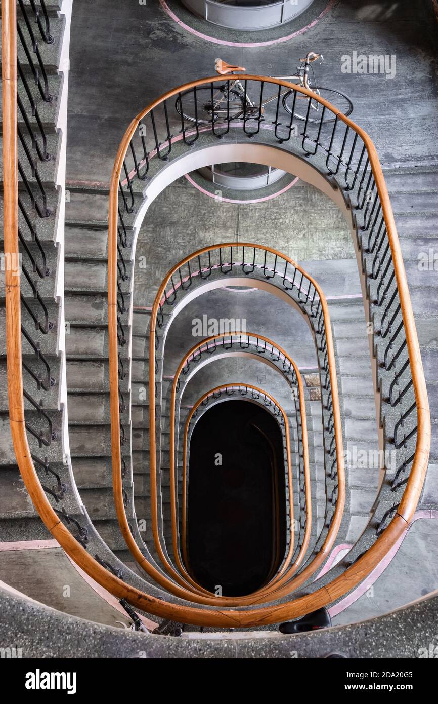 Looking down at the spiral staircase Stock Photo