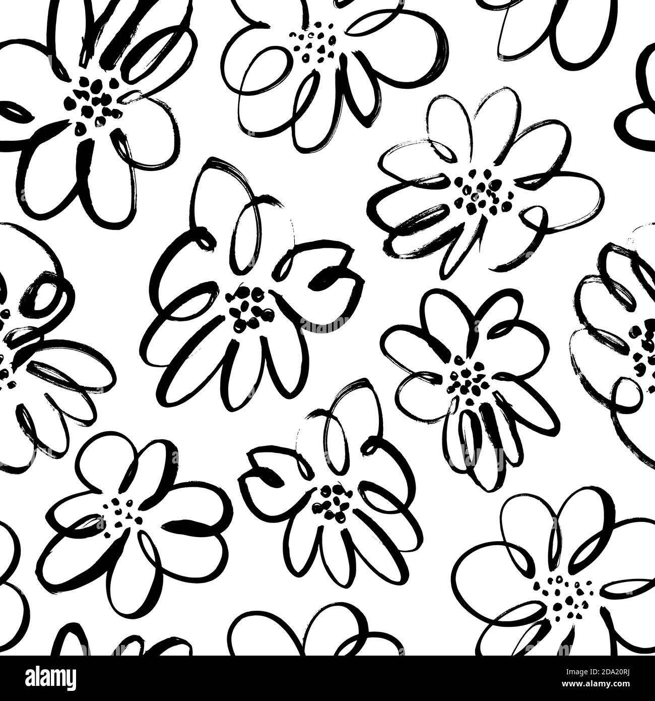 Hand drawn brush black flowers seamless pattern Stock Vector Image ...