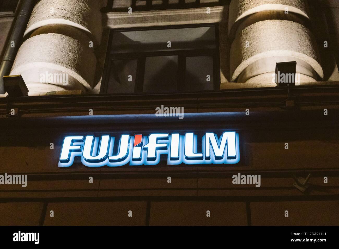 Saint-Petersburg,Moskovskiy/Russia-11.07.2020 Fujifilm signage logo brand photo equipment global electronics  Stock Photo